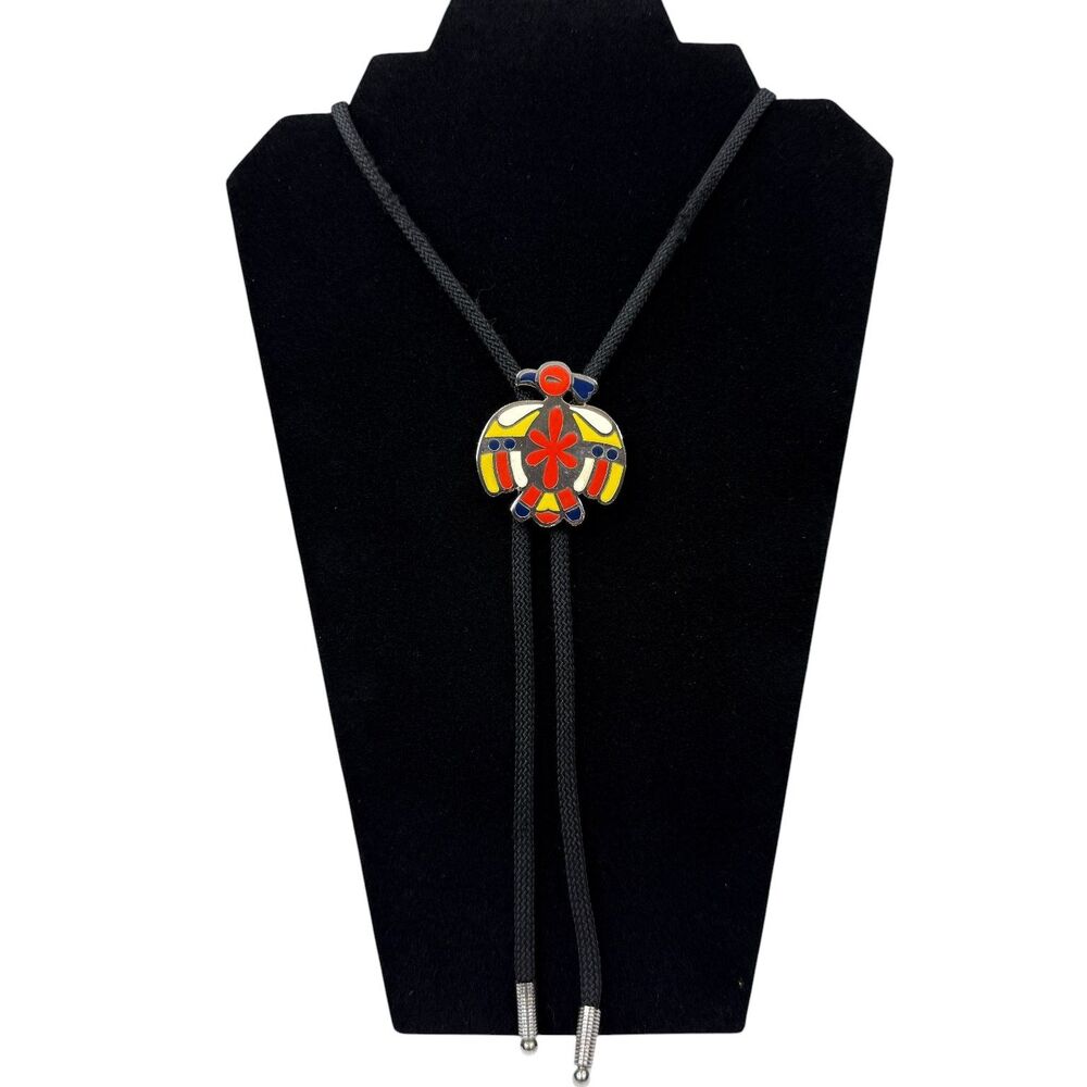 VTG Native Southwestern Thunderbird Bolo Tie Silver Tone Enamel Cord Necklace 17